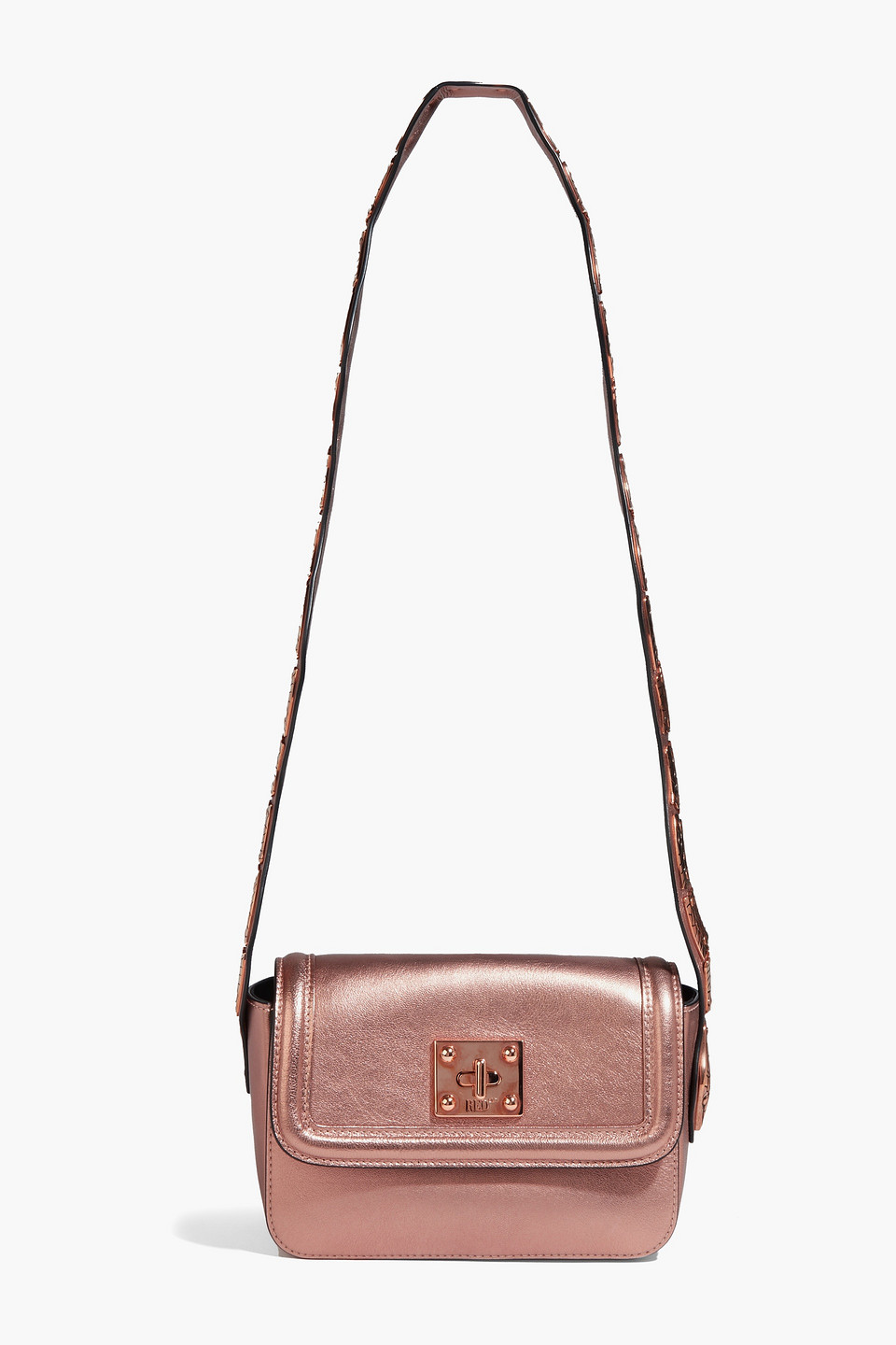 Red Valentino Sin Metallic Textured-leather Shoulder Bag In Rose Gold