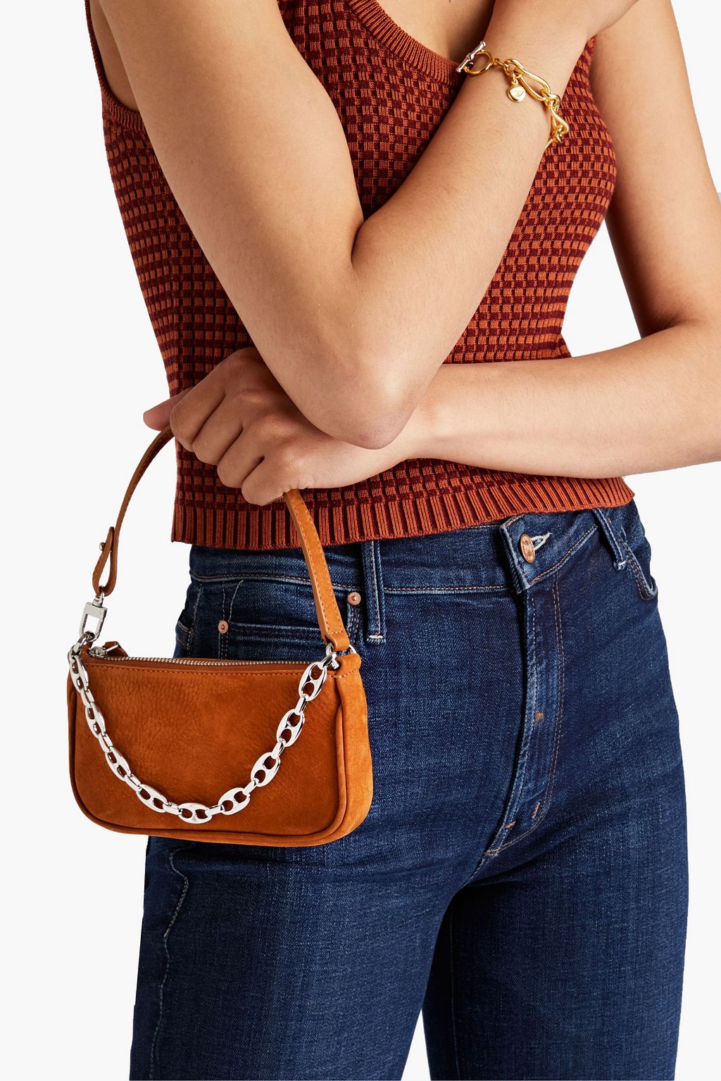 BY FAR Mini Rachel chain-embellished nubuck shoulder bag