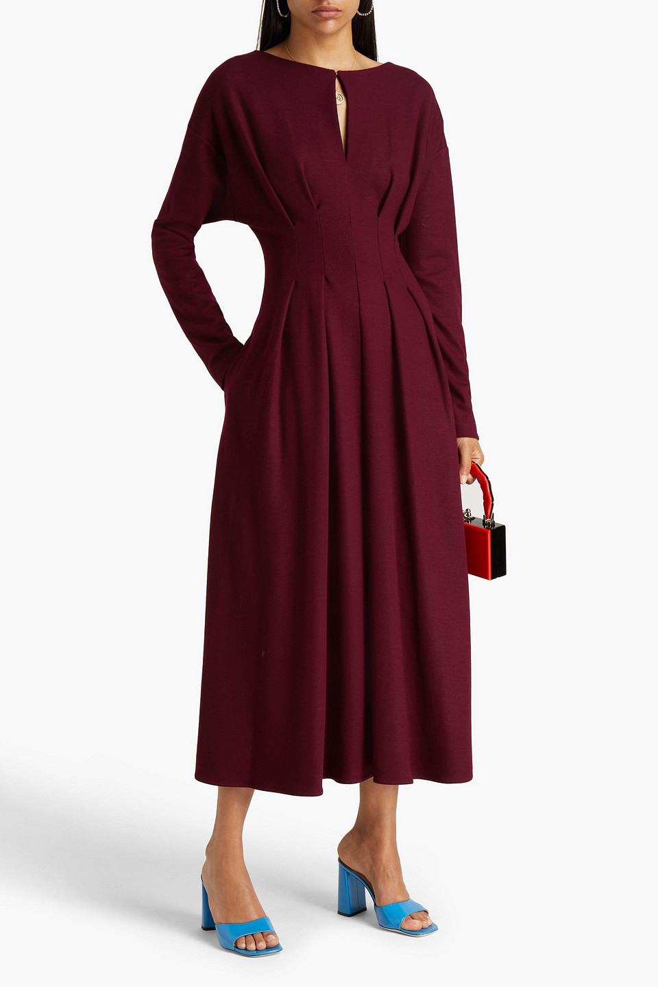 Roksanda Kamira Pleated Brushed Wool Midi Dress In Burgundy