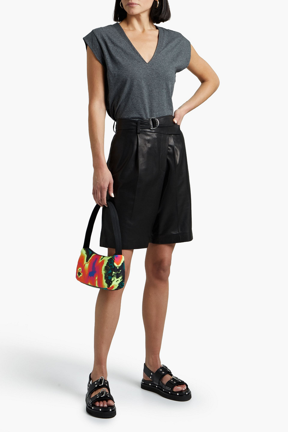 Frame Le High Rise V-neck Organic Pima Cotton T-shirt In Charcoal