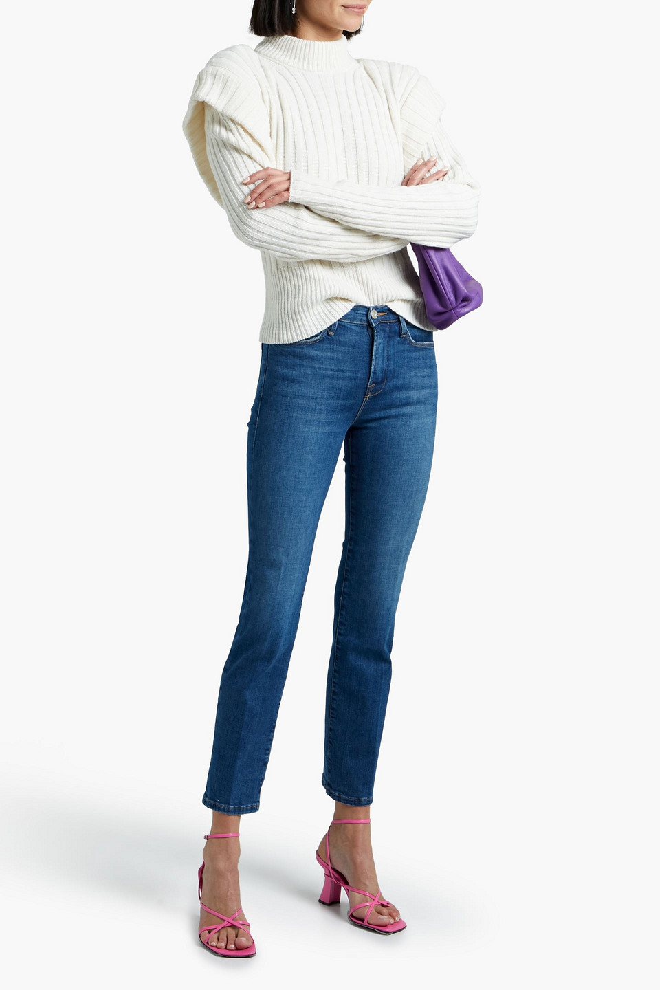 Frame Le High Straight Distressed Mid-rise Straight-leg Jeans In Mid Denim