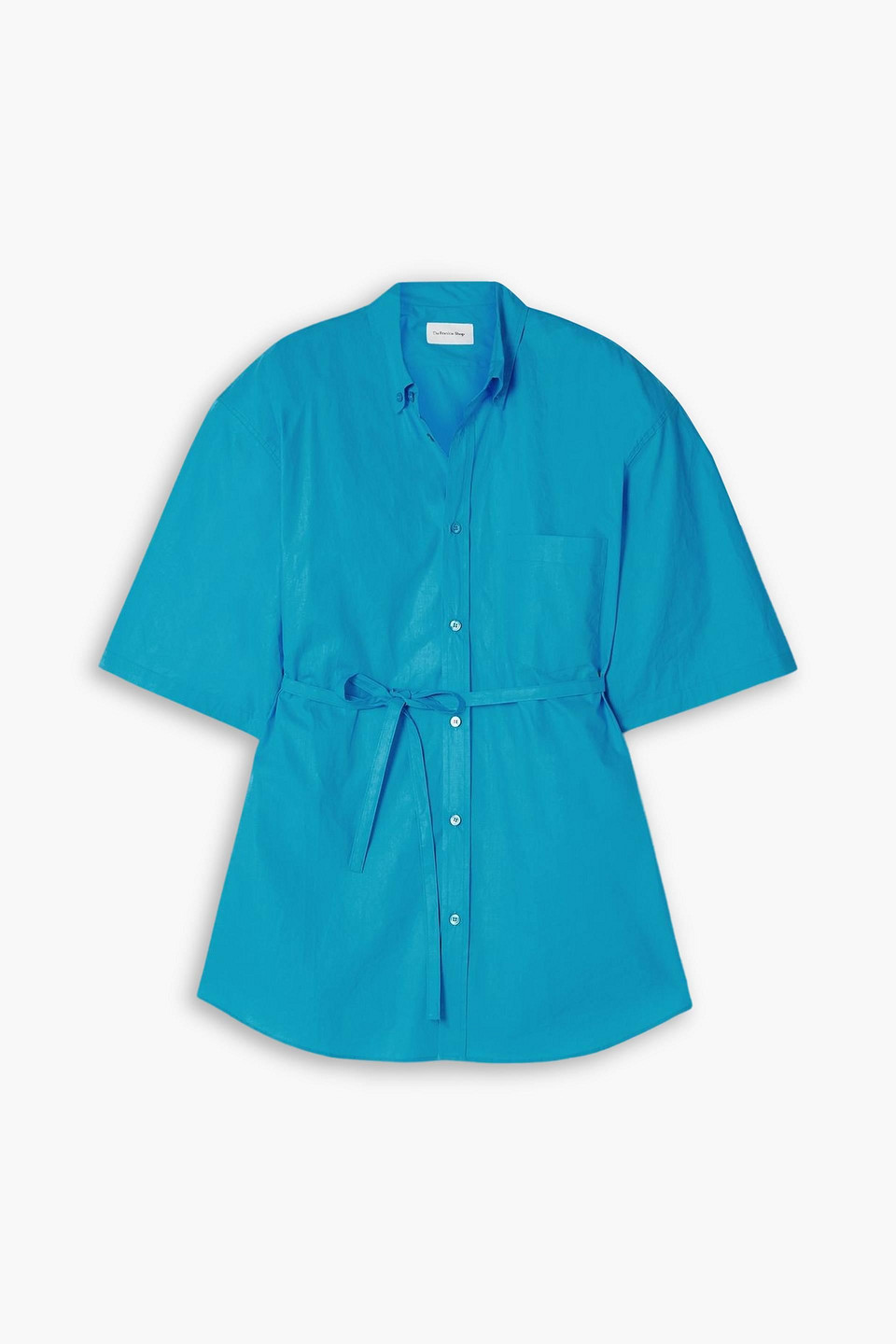 The Frankie Shop Udine Oversized Belted Cotton-poplin Shirt In Blue