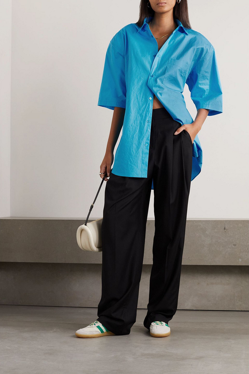 The Frankie Shop Udine Oversized Belted Cotton-poplin Shirt In Blue