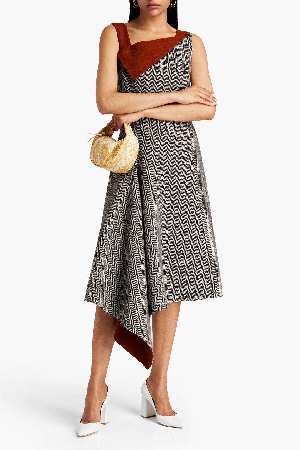 Oscar De La Renta Asymmetric Herringbone Wool And Cashmere-blend Midi Dress In Black