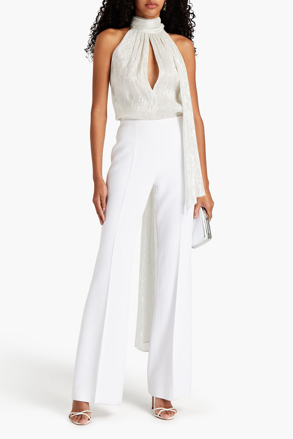 Halston Tinsel-trimmed Gathered Chiffon Bodysuit In White