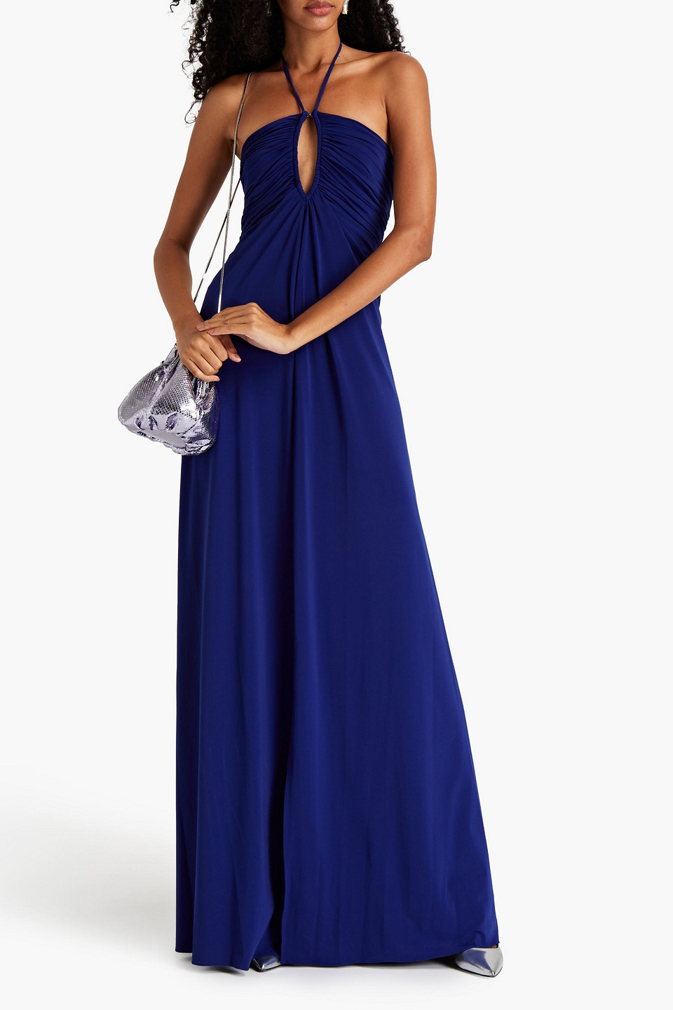 Shop Halston Ruched Jersey Halterneck Wide-leg Jumpsuit In Royal Blue