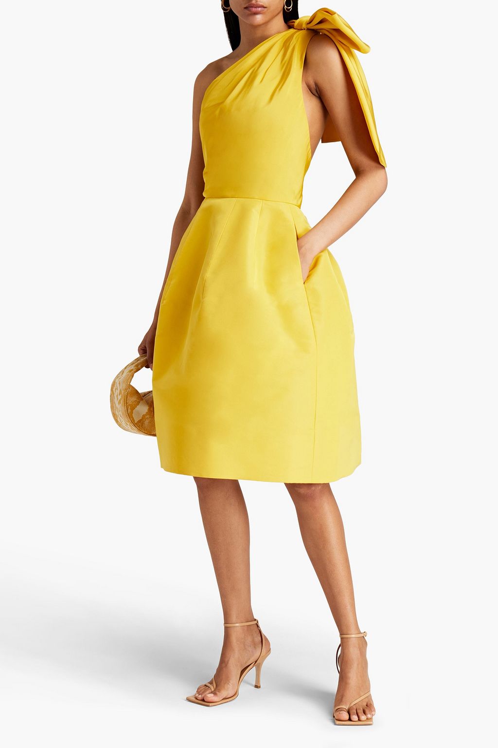 OSCAR DE LA RENTA One-shoulder bow-embellished silk-taffeta dress