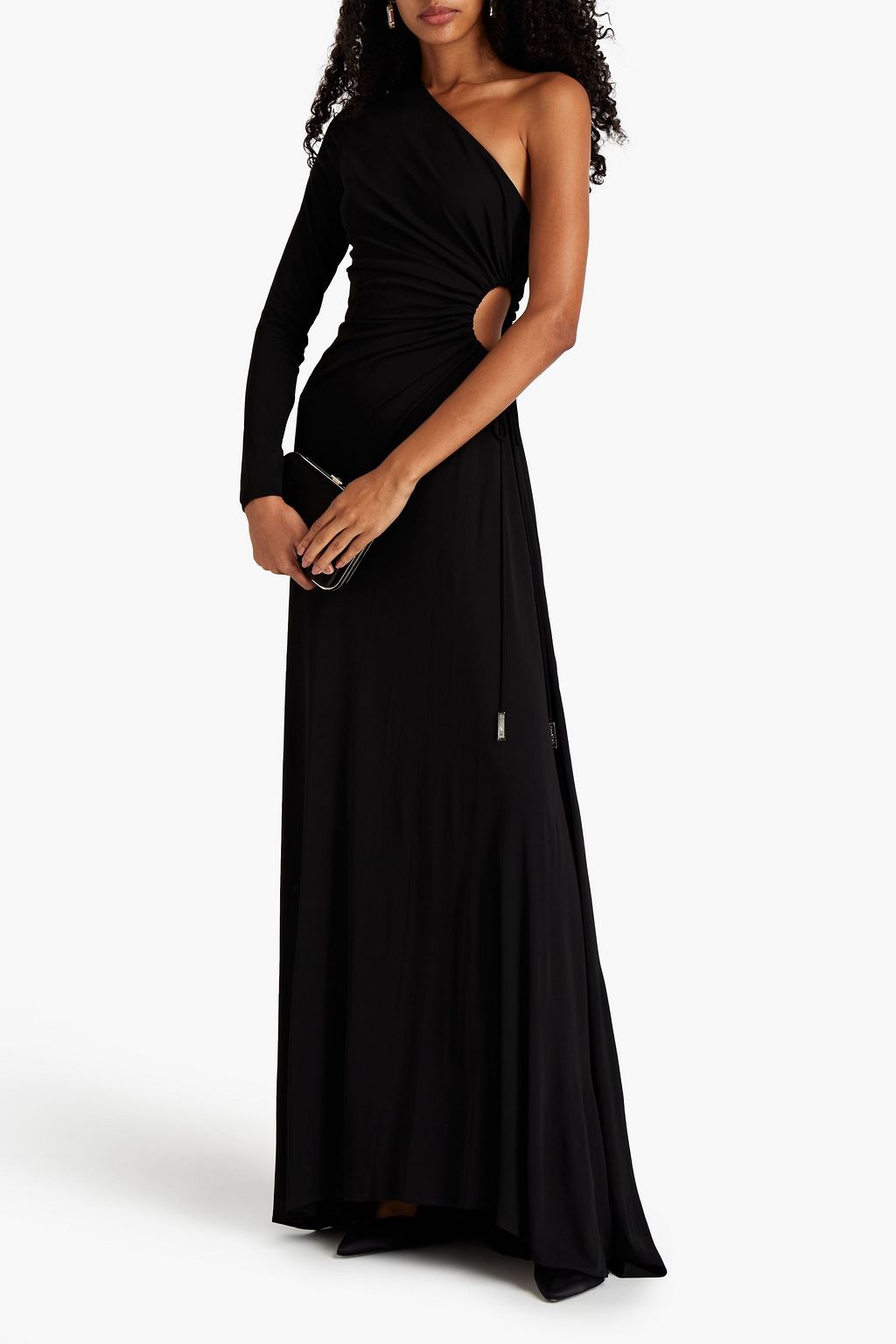 HALSTON Bay one-shoulder cutout ruched jersey gown