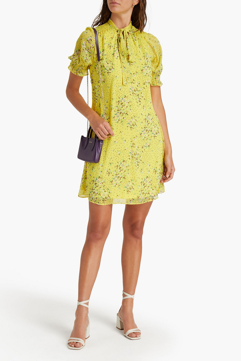 Dkny Pussy-bow Floral-print Georgette Mini Dress In Yellow