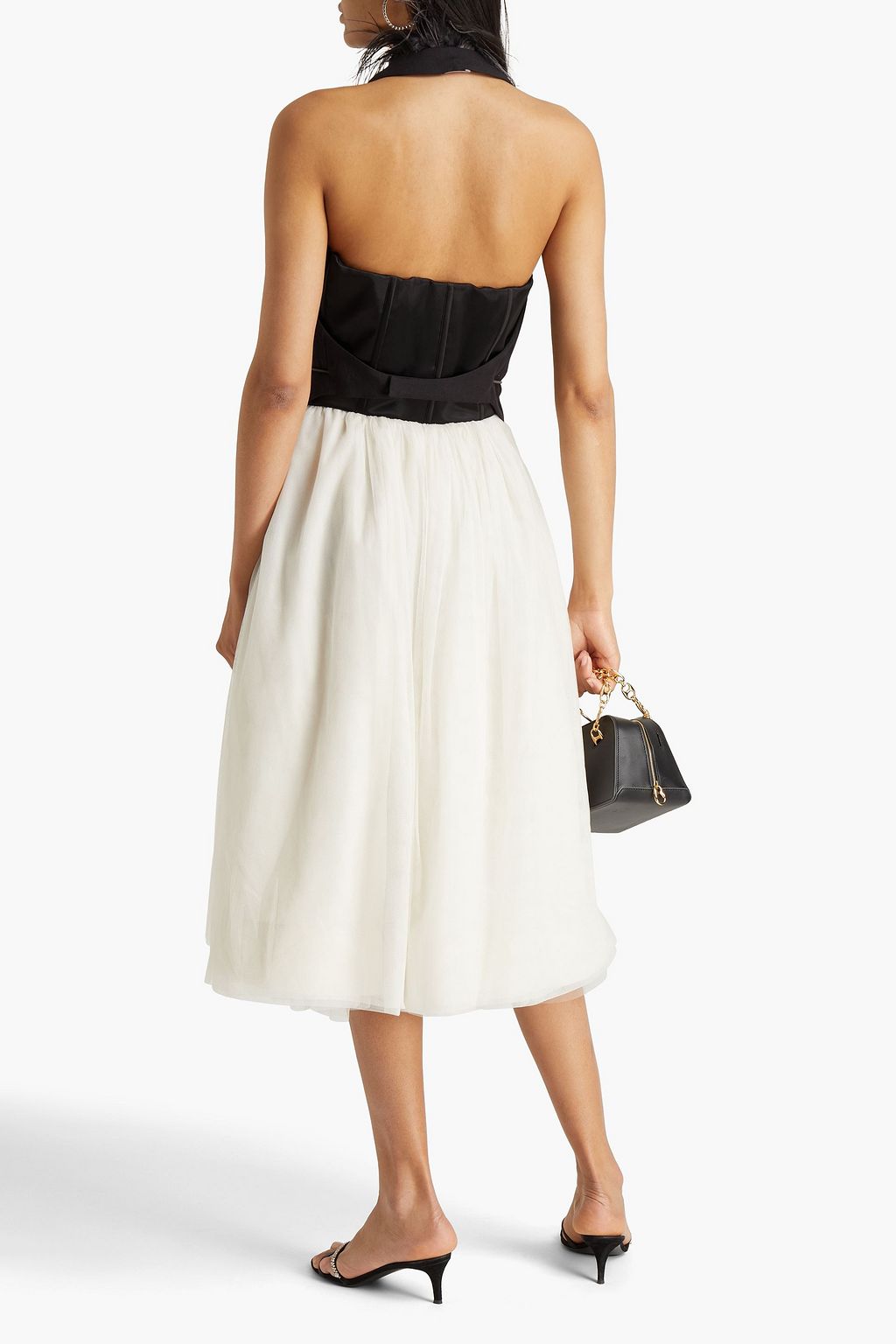 BRUNELLO CUCINELLI Wandelbares, trägerloses Midikleid aus Satin aus Stretch-Seide mit Tülleinsätzen