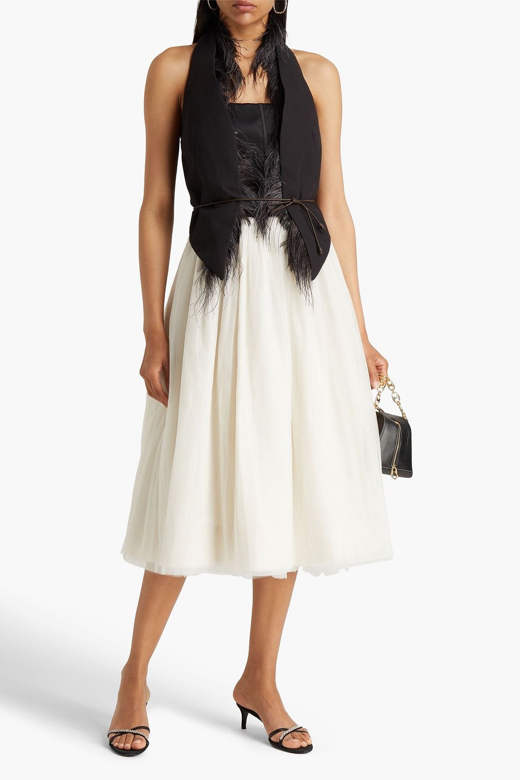 BRUNELLO CUCINELLI Wandelbares, trägerloses Midikleid aus Satin aus Stretch-Seide mit Tülleinsätzen