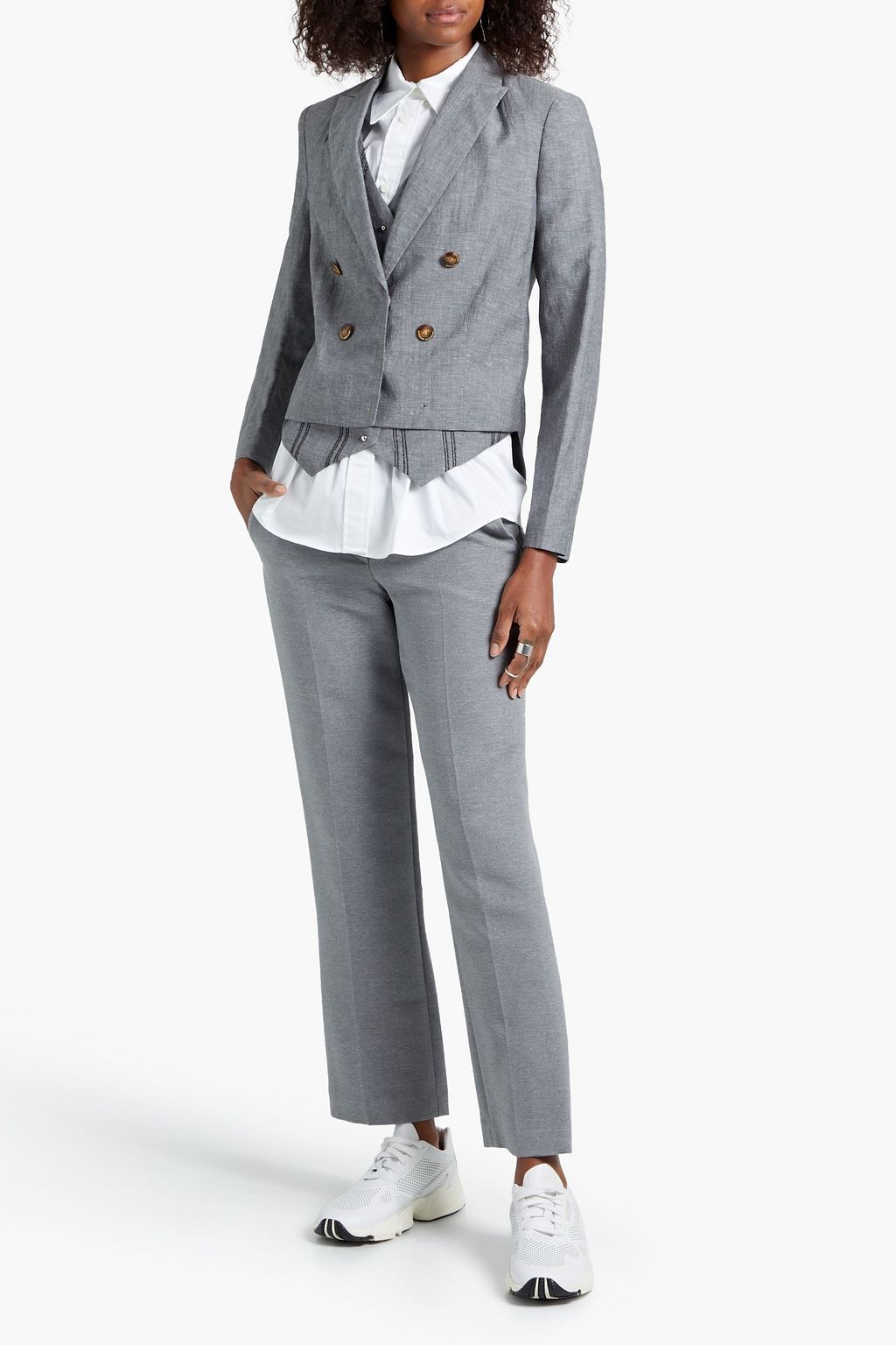 BRUNELLO CUCINELLI Double-breasted layered wool and linen-blend blazer
