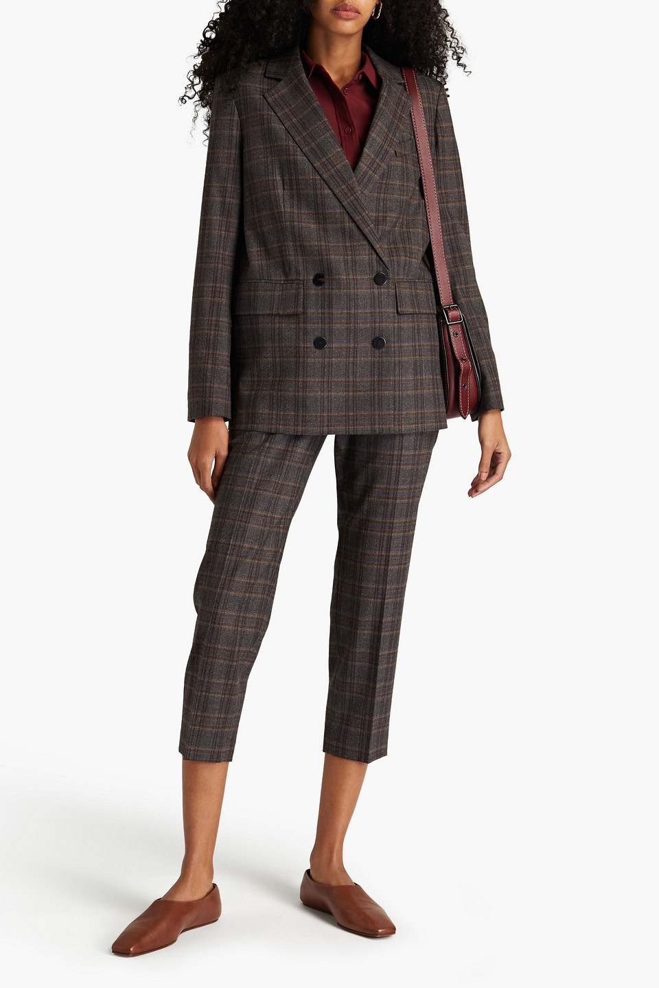 Theory Griffin Checked Double-breasted Stretch-wool Blazer In Brown