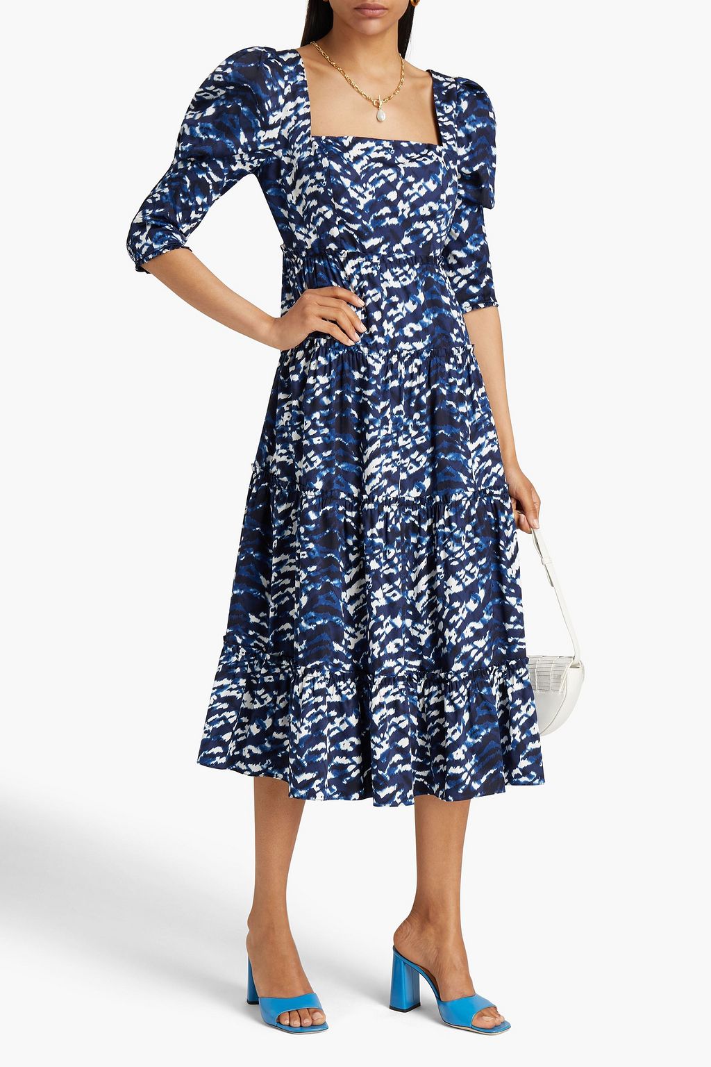 DIANE VON FURSTENBERG Nora 개더 디테일 프린트 스트레치 코튼 포플린 미디 드레스