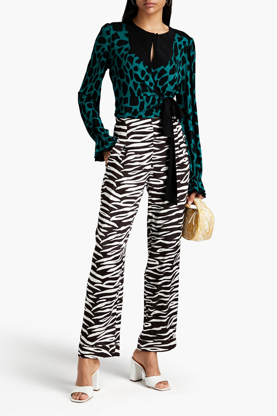 DIANE VON FURSTENBERG ROSALIE PANELED PRINTED JERSEY AND CREPE WRAP BLOUSE 3074457345631015644