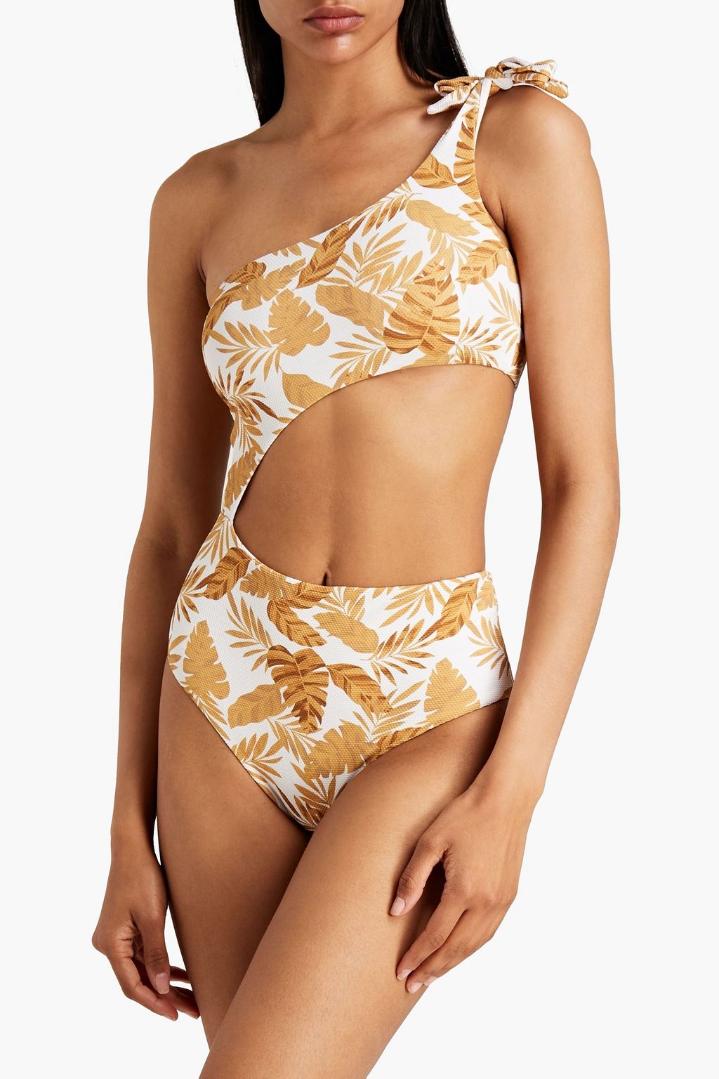 EBERJEY One-shoulder cutout floral-print stretch-piqué swimsuit