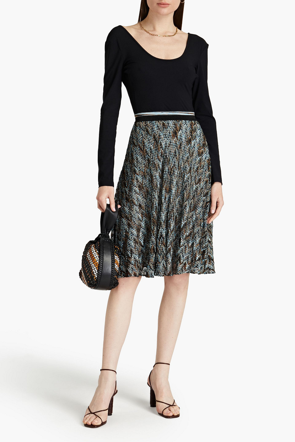 Missoni Pleated Metallic Crochet-knit Skirt In Black