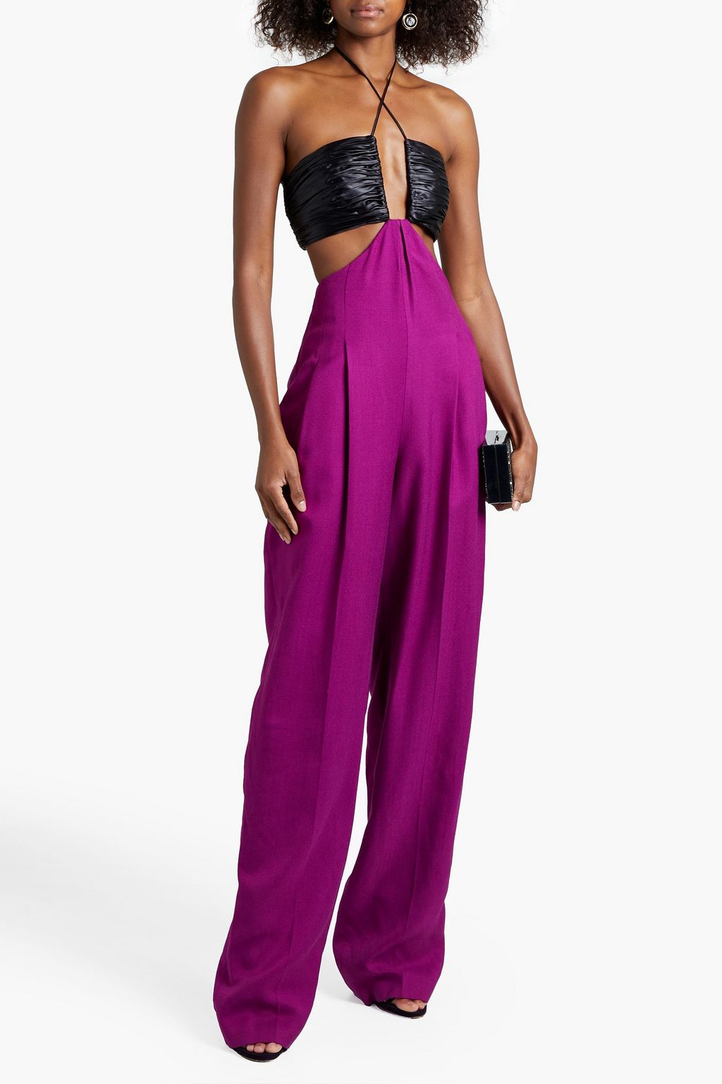 ROBERTO CAVALLI Ruched silk-satin and grain de poudre halterneck jumpsuit
