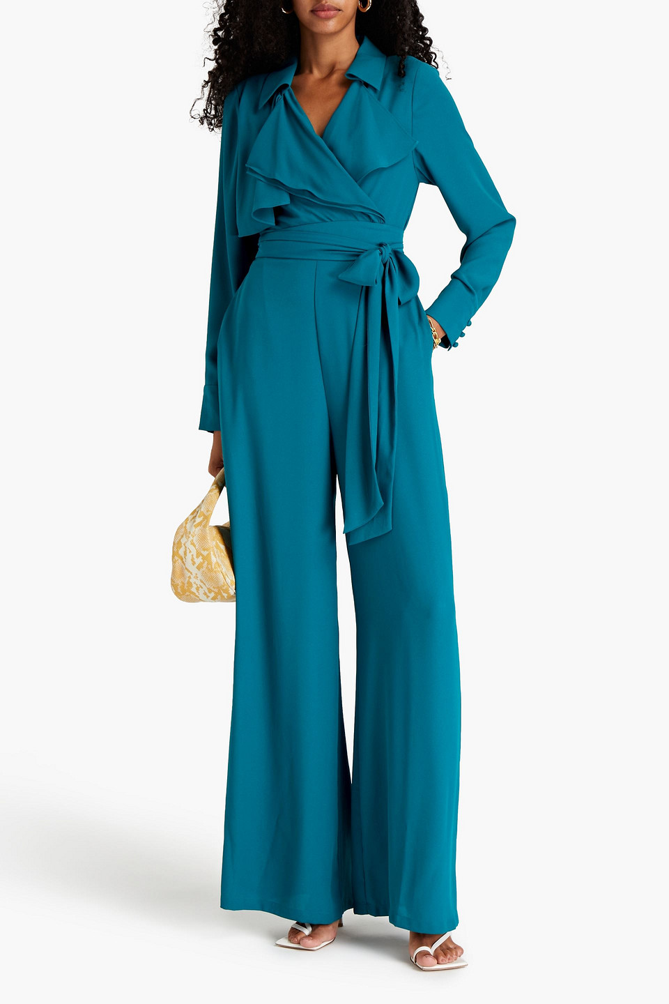 Diane Von Furstenberg Bailey Wrap-effect Crepe De Chine Wide-leg Jumpsuit In Teal