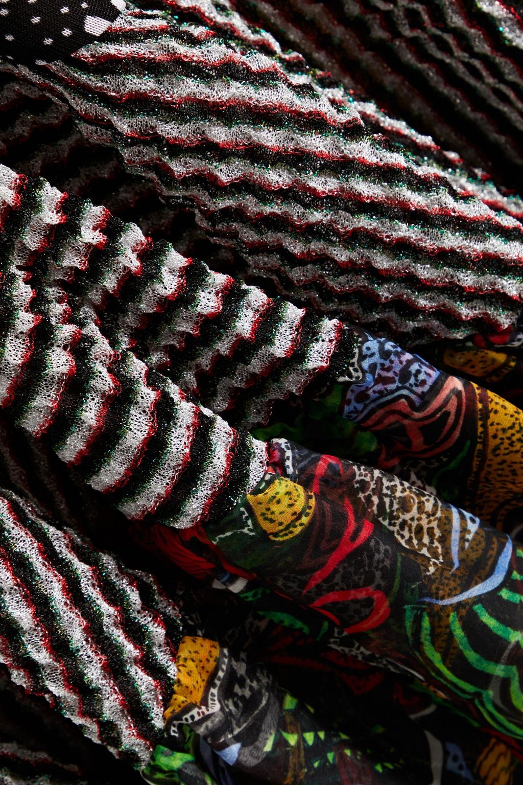 MISSONI Gathered printed chiffon and crochet-knit maxi dress