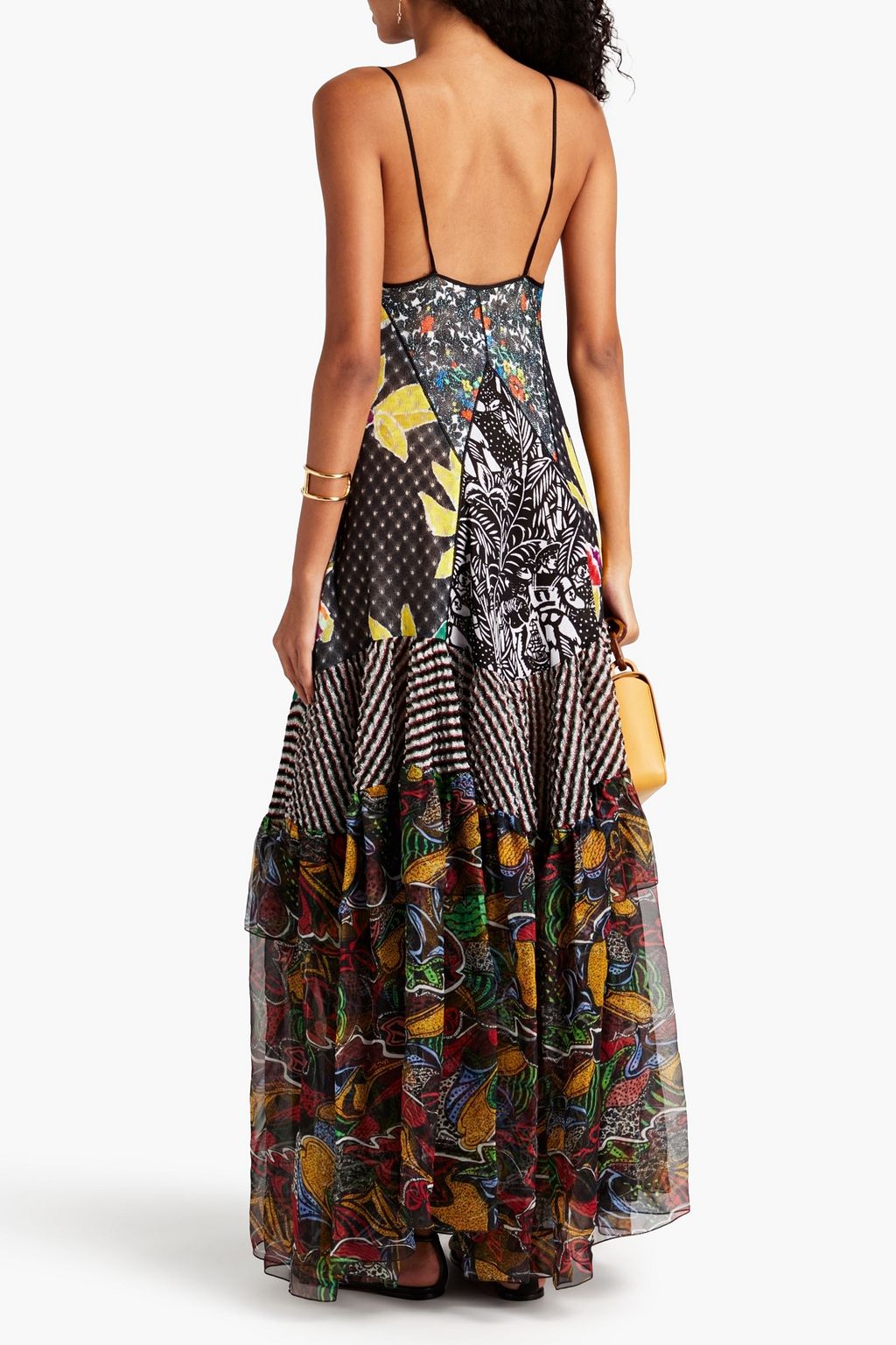 MISSONI Gathered printed chiffon and crochet-knit maxi dress