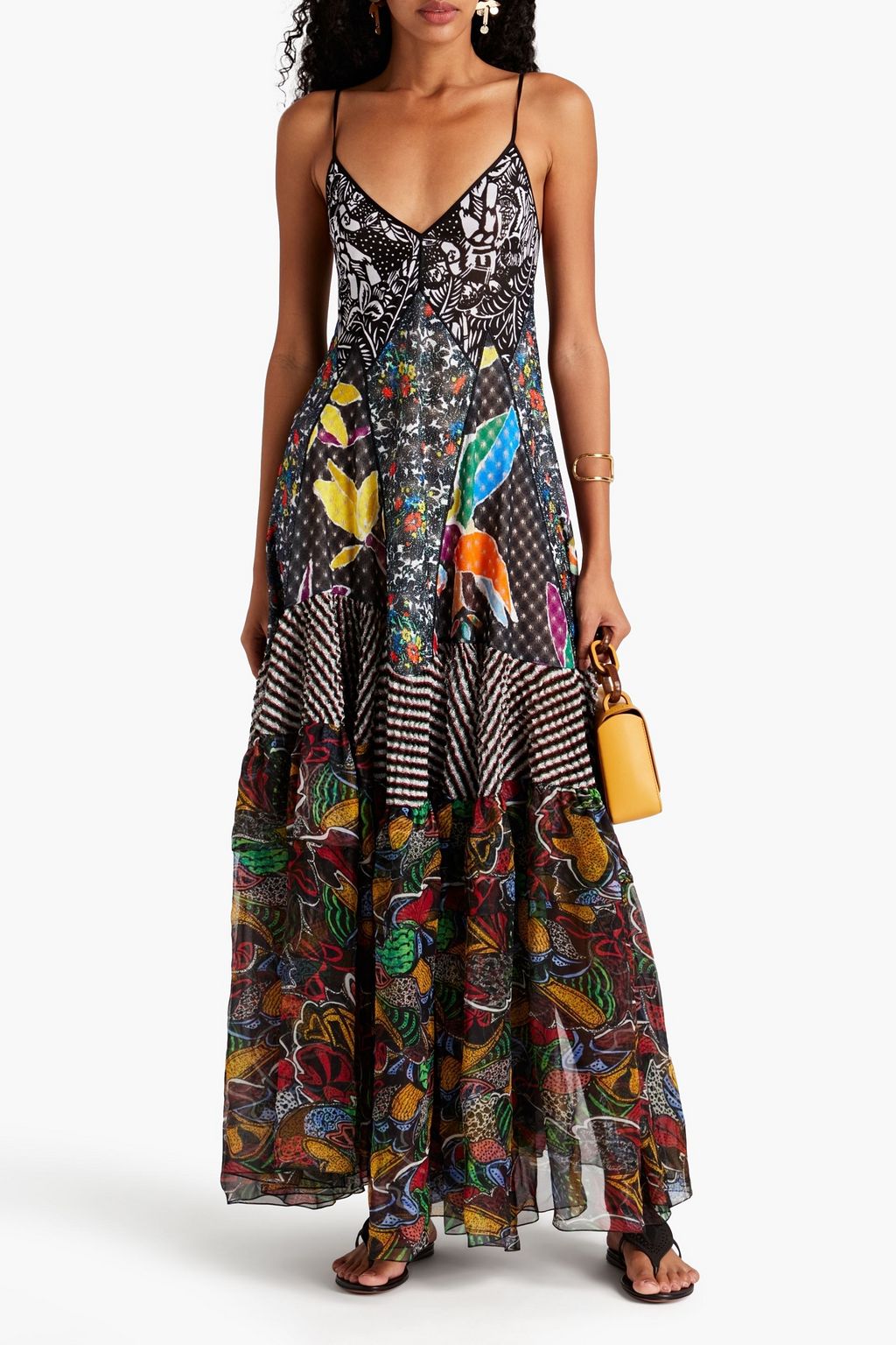 MISSONI Gathered printed chiffon and crochet-knit maxi dress