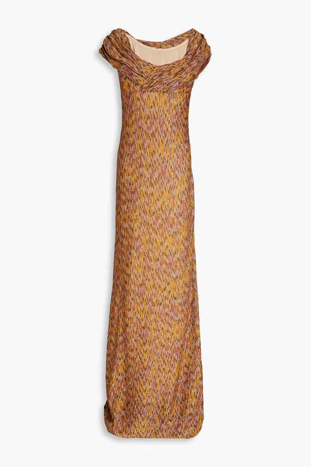 Gold Draped metallic crochet-knit maxi 