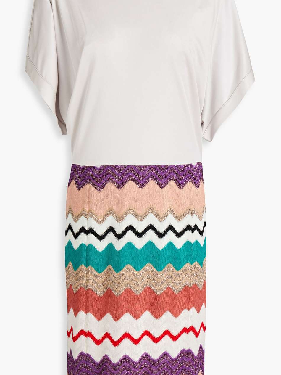 jersey-paneled crochet-knit dress