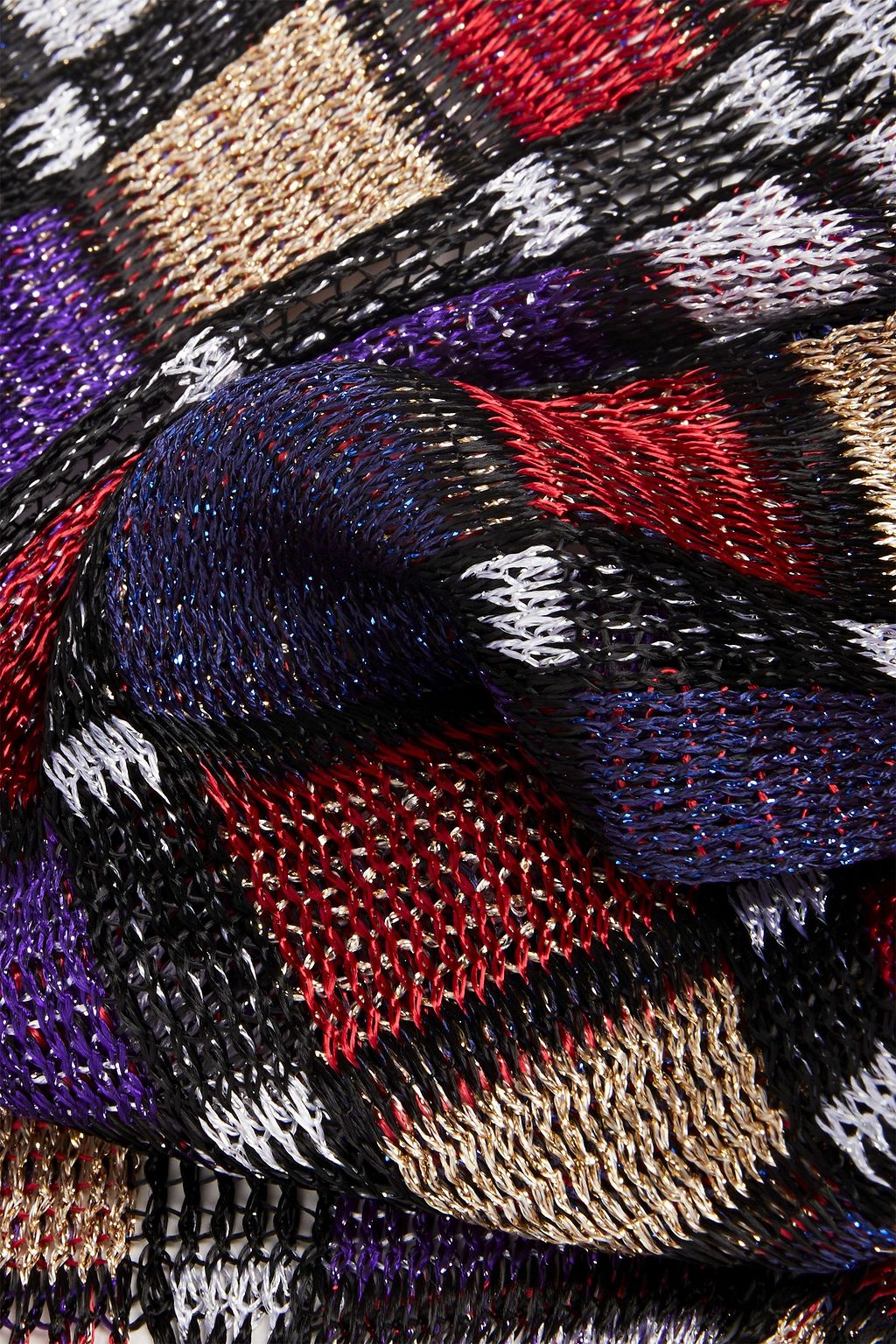 MISSONI Checked metallic crochet-knit scarf