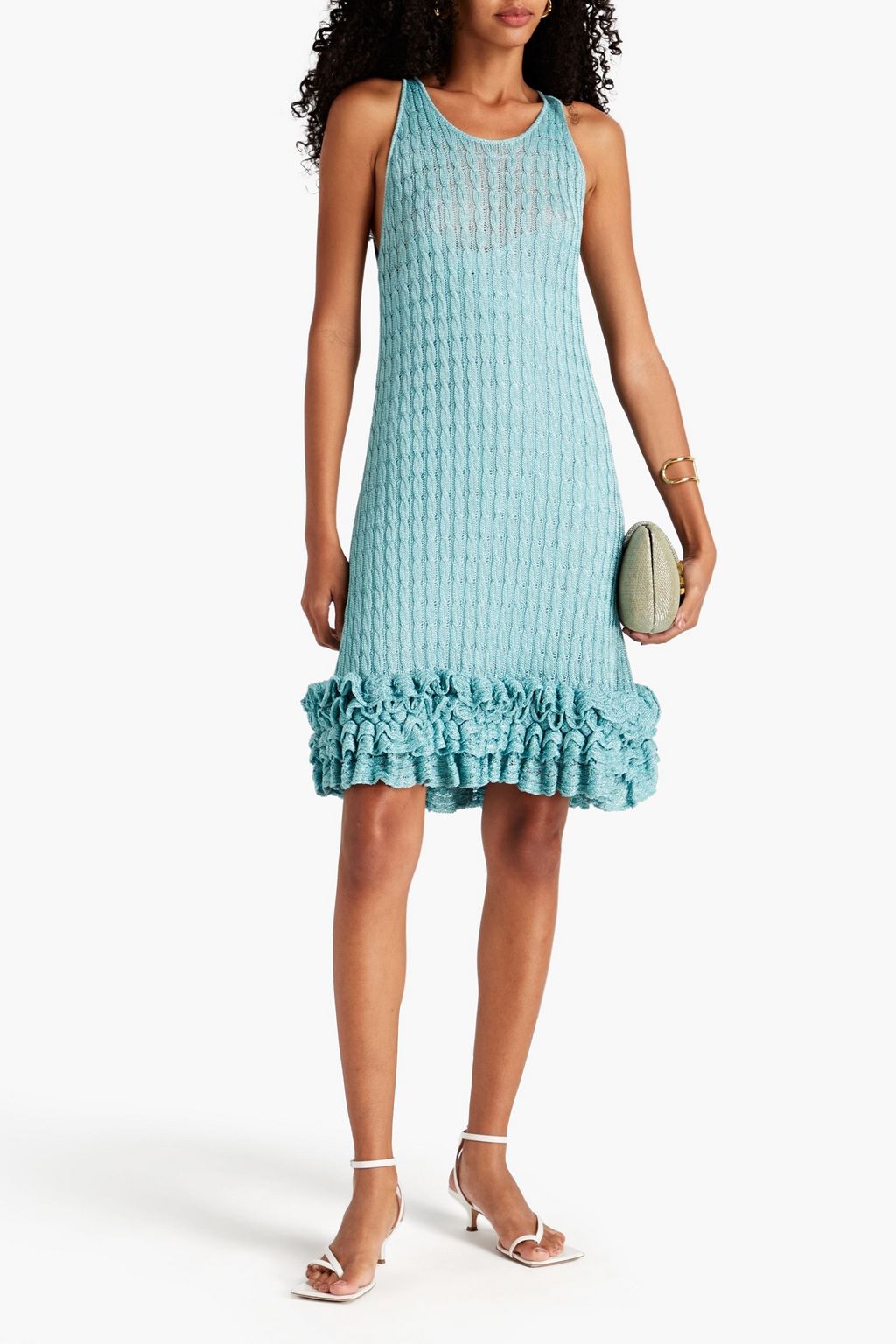 MISSONI Ruffled metallic crochet-knit mini dress