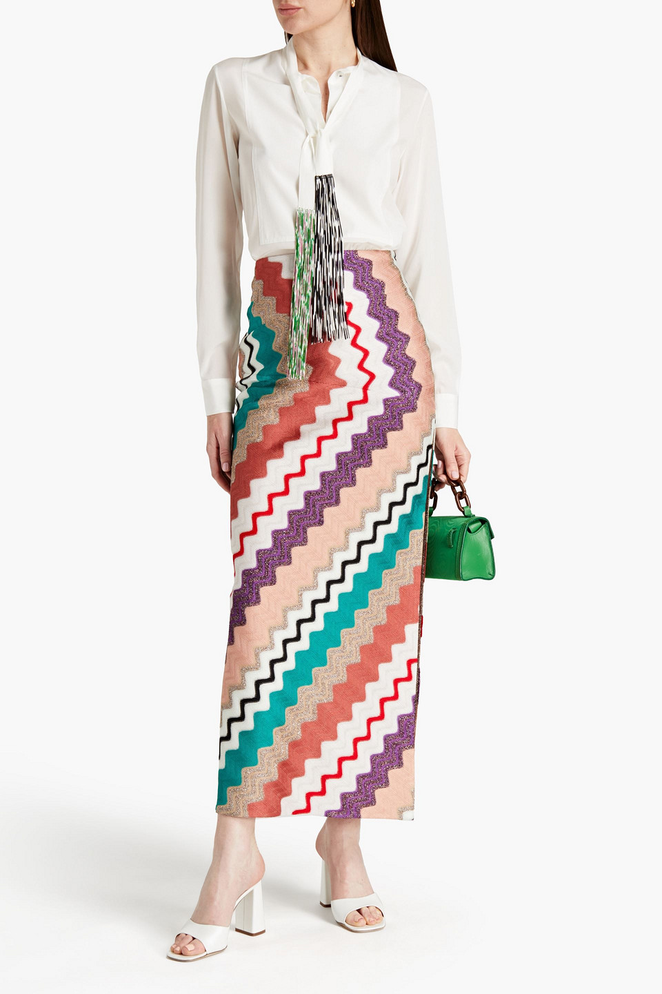 Missoni Tie-neck Fringed Stretch-silk Shirt In Off-white