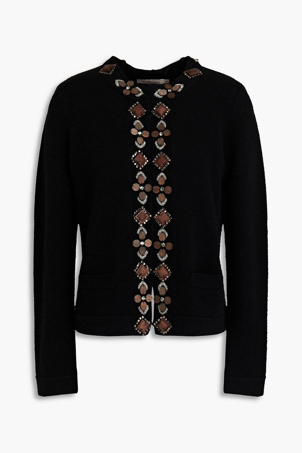 Tory Burch Crystal And Bead-embellished Wool-blend Cardigan In Black