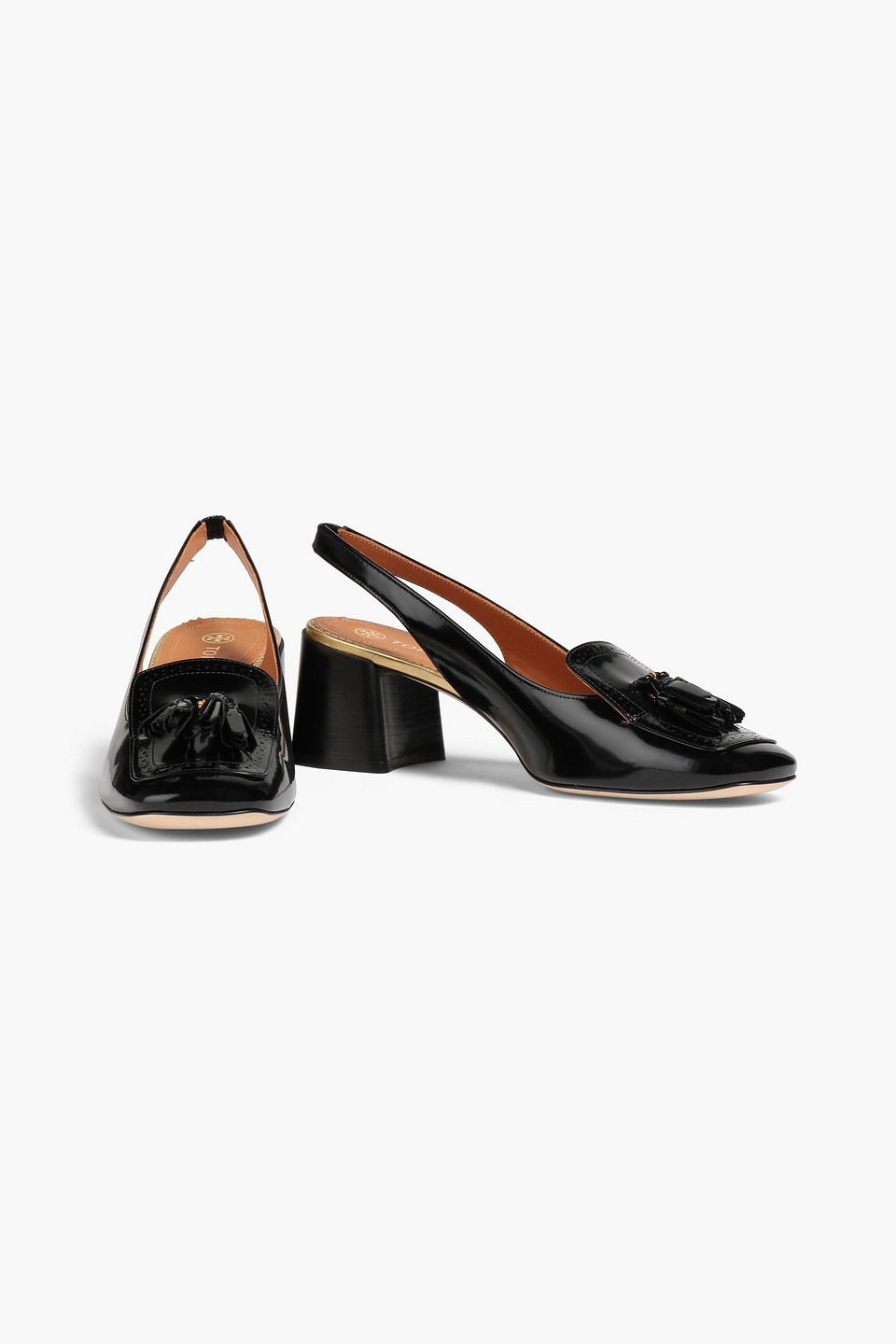 Tory Burch Tassel-trimmed Glossed-leather Slingback Pumps In Black