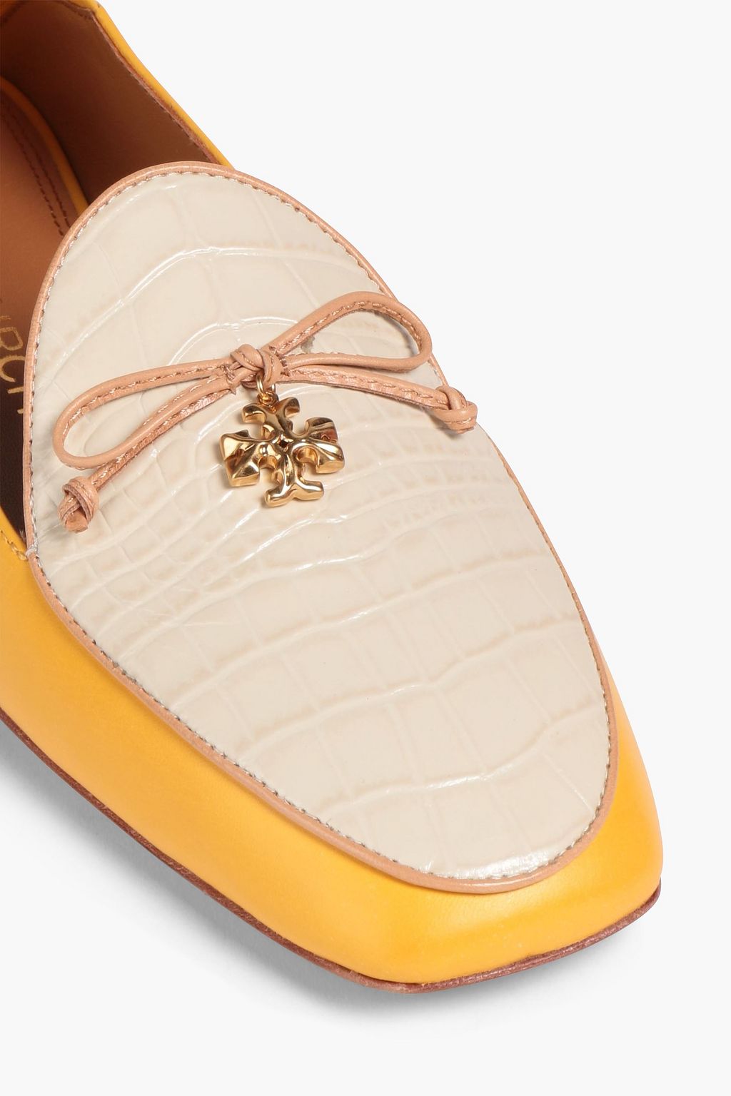 TORY BURCH Embellished smooth and croc-effect leather loafers