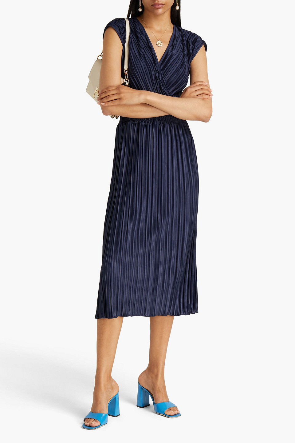 Dkny Wrap-effect Plissé-satin Midi Dress In Blue