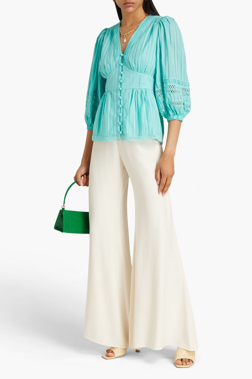 DIANE VON FURSTENBERG Camille 핀턱 디테일 코튼 자카드 블라우스