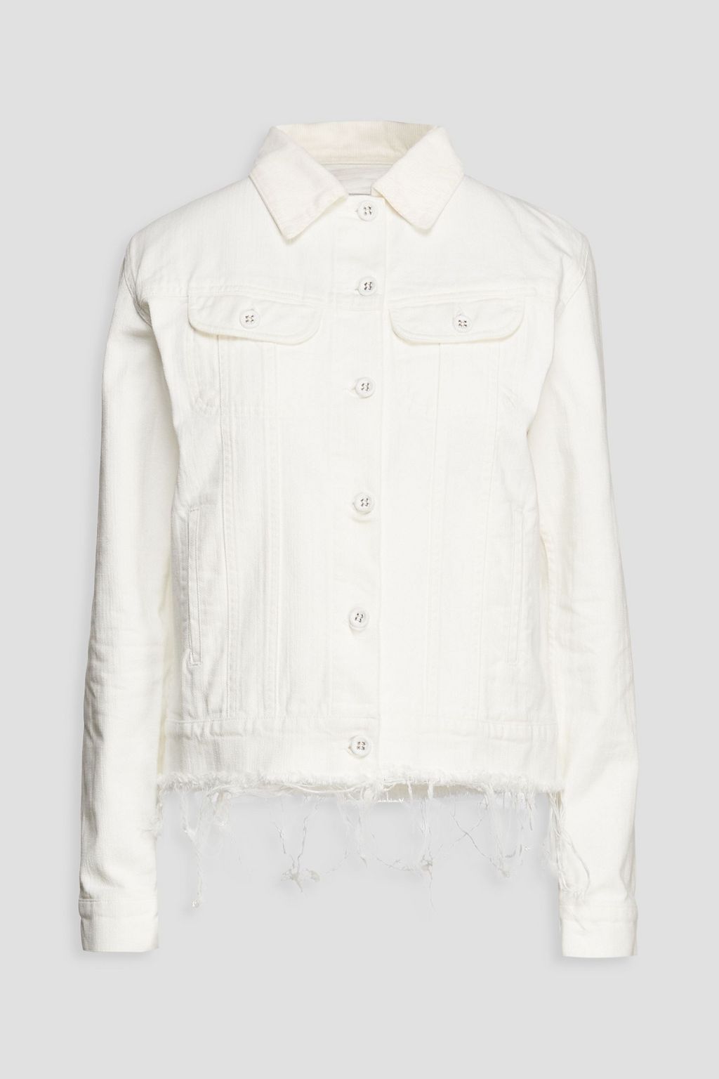 Lena velvet-trimmed frayed denim jacket 