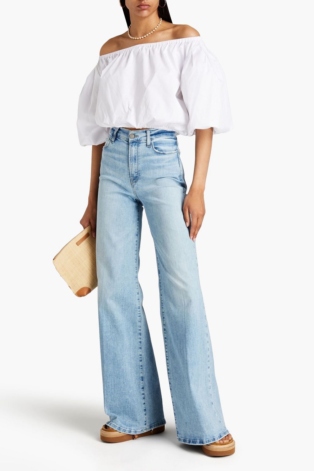 FRAME Distressed high-rise wide-leg jeans