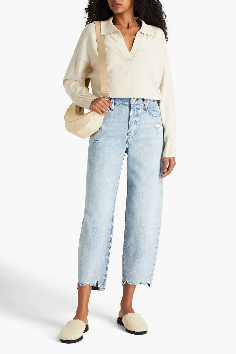 Frame Cropped Distressed Boyfriend Jeans In Light Blue