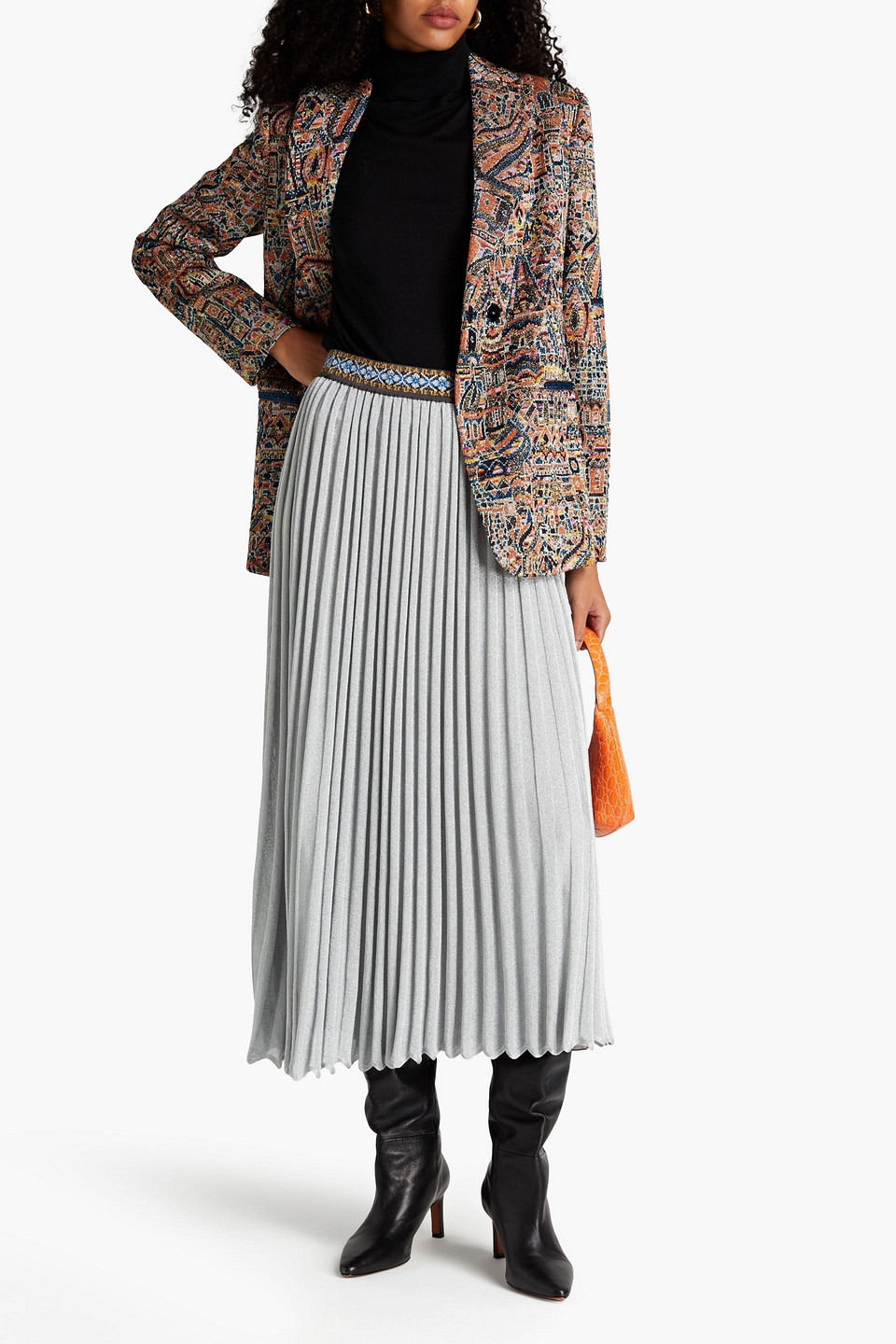 Missoni Pleated Lamé Midi Skirt In Grey