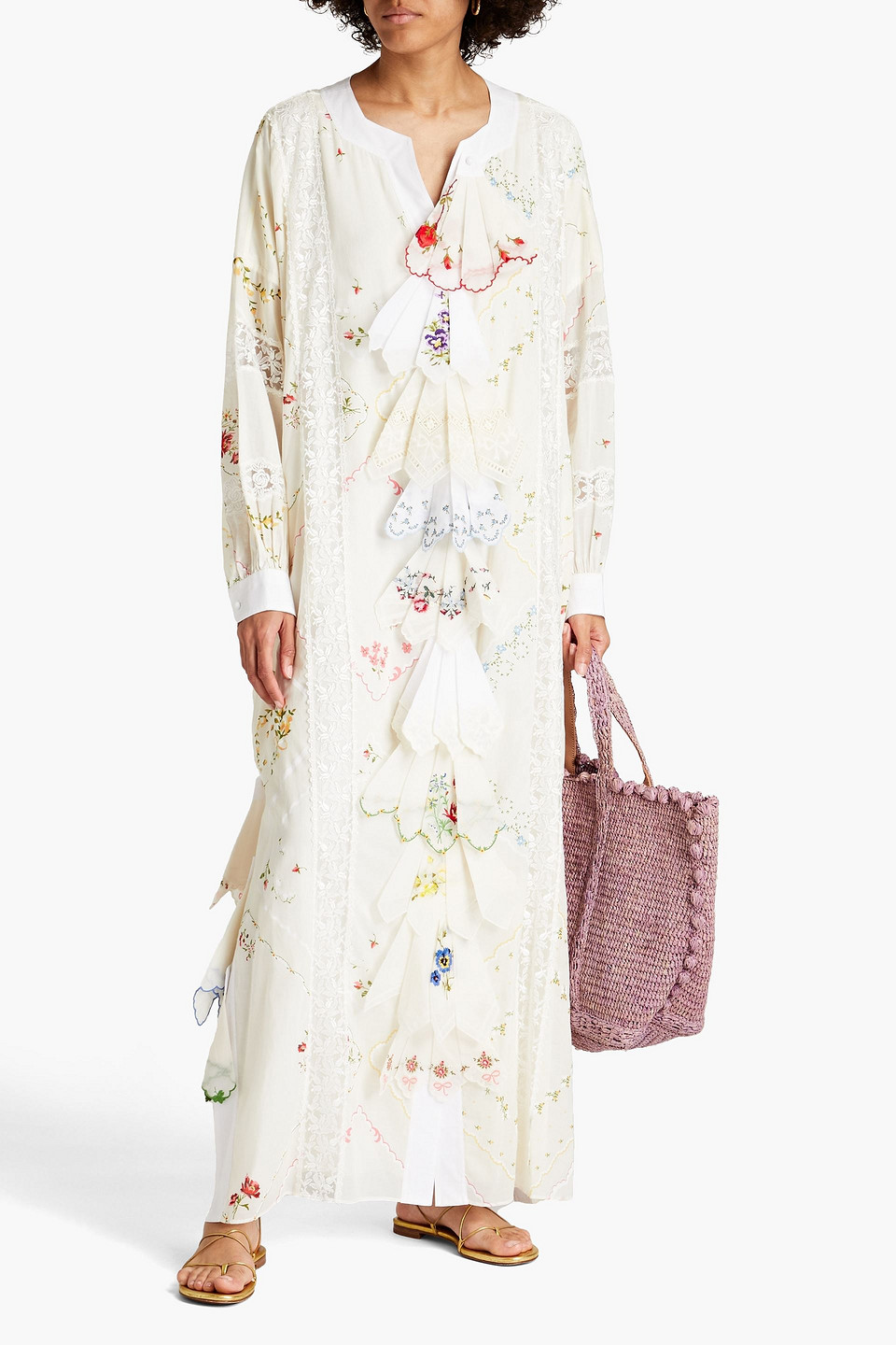 Tory Burch Oversized Lace-paneled Printed Cotton-gauze Maxi Dress In White