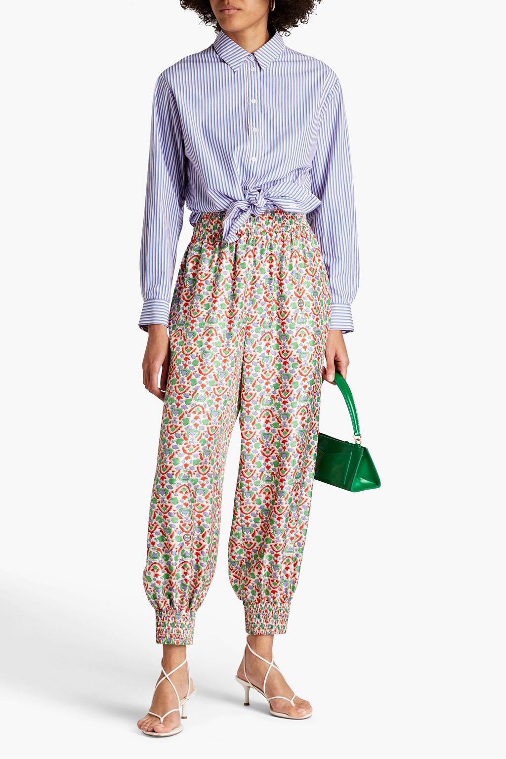 TORY BURCH Printed silk-twill tapered pants