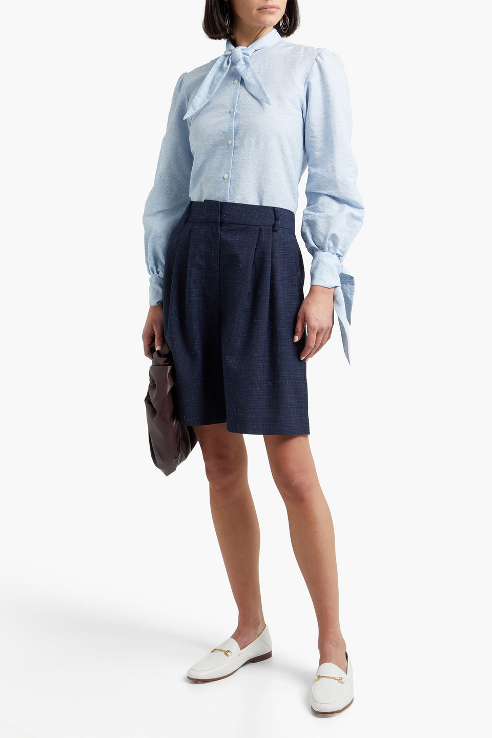 Purdey Tie-neck Linen And Cotton-blend Jacquard Top In Light Blue