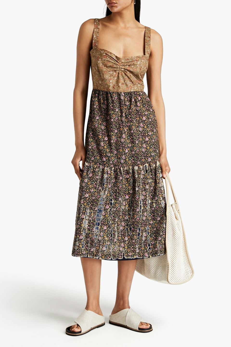 Raquel Allegra Ruched Floral-print Cotton Midi Dress In Brown