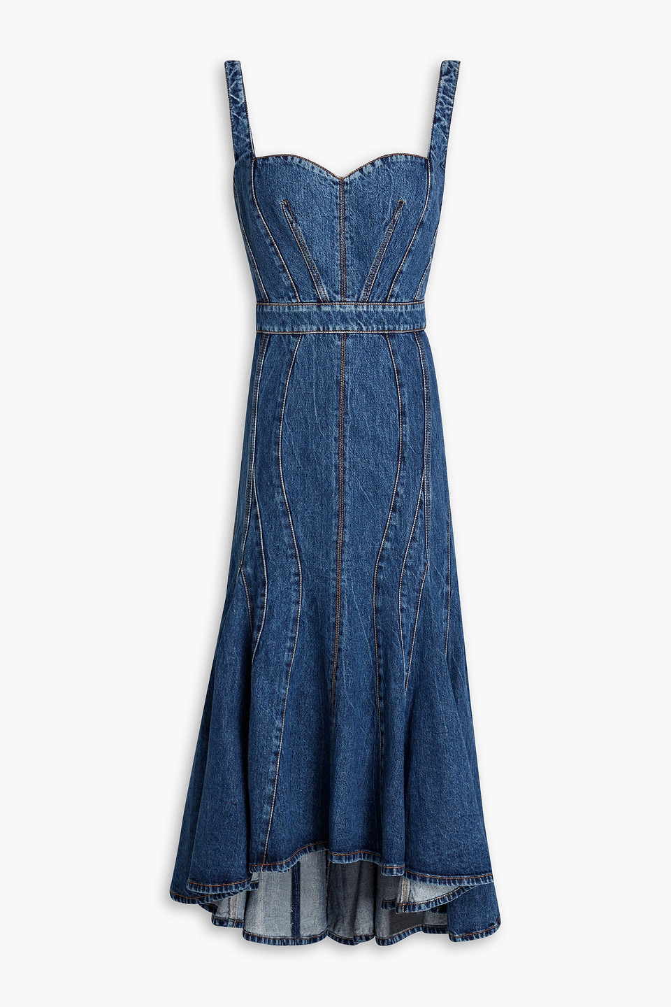 Asymmetric denim midi dress