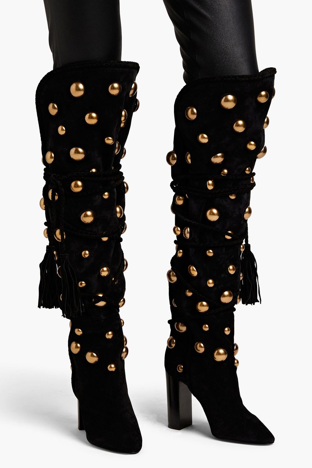 SAINT LAURENT 스터드 장식 스웨이드 싸이하이 부츠