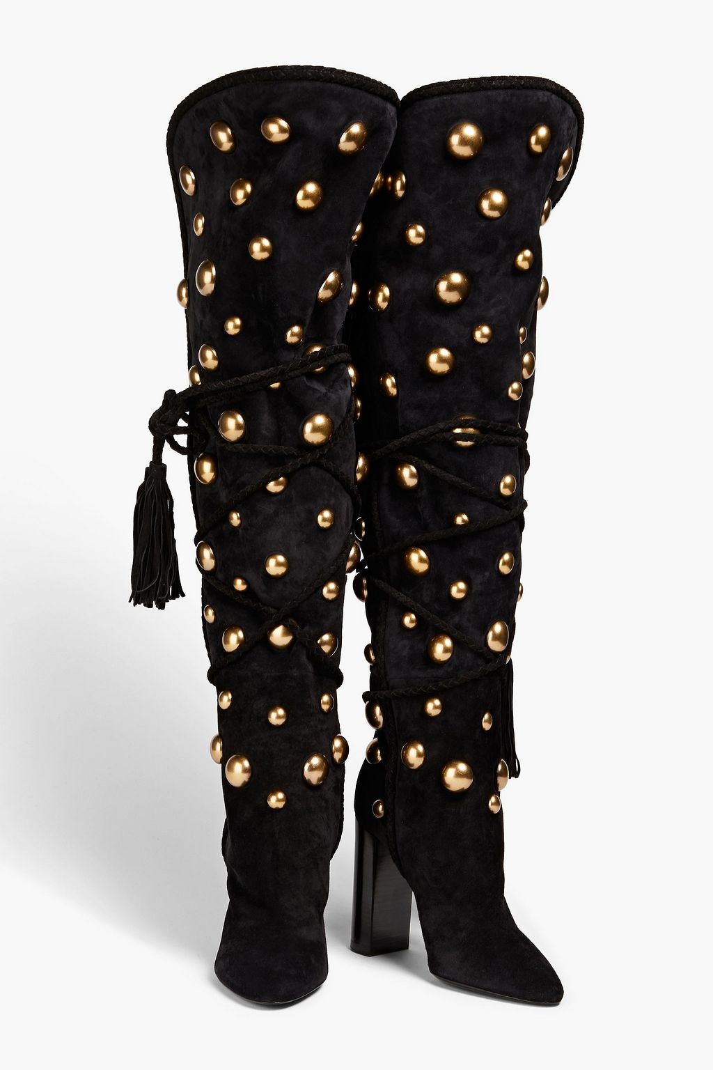 SAINT LAURENT 스터드 장식 스웨이드 싸이하이 부츠