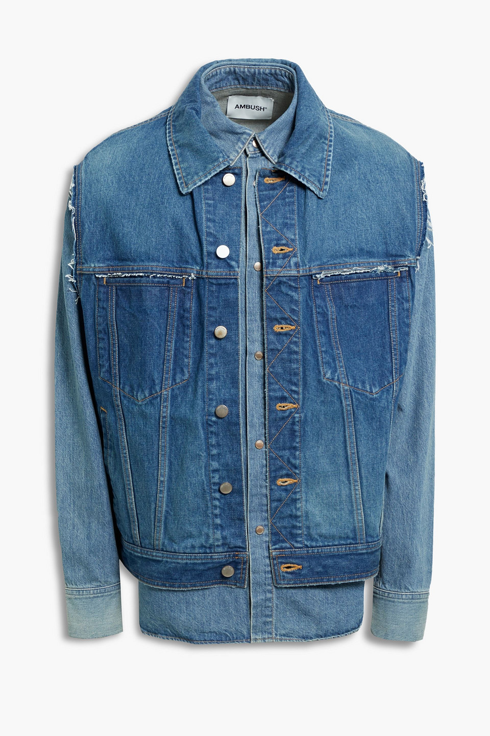 Ambush Frayed Layered Denim Jacket In Mid Denim