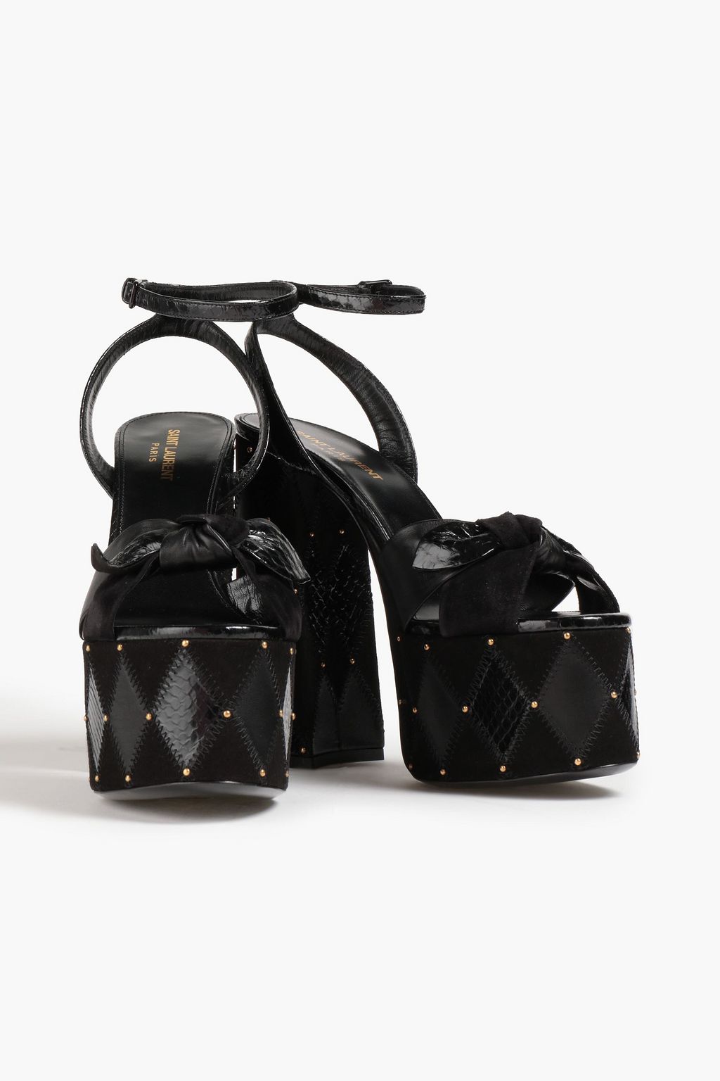 SAINT LAURENT Plateausandalen aus Leder, Veloursleder und Ayersleder mit Knotendetail