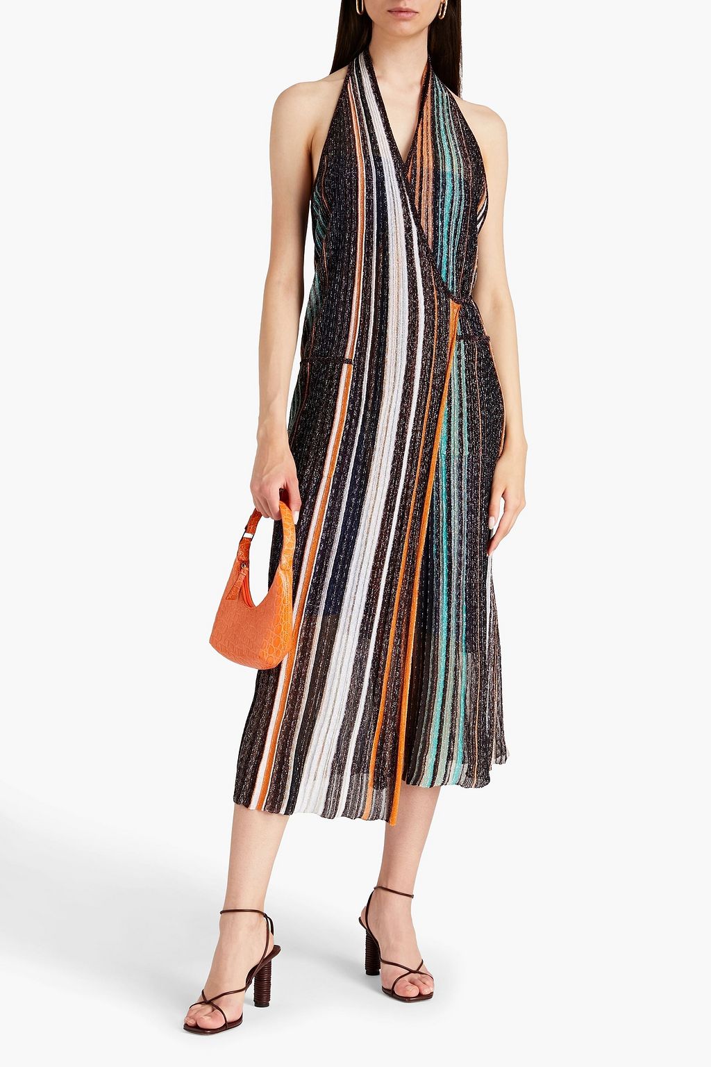 Malibu Nights Halterneck Knit Midi Dress Striped Olive